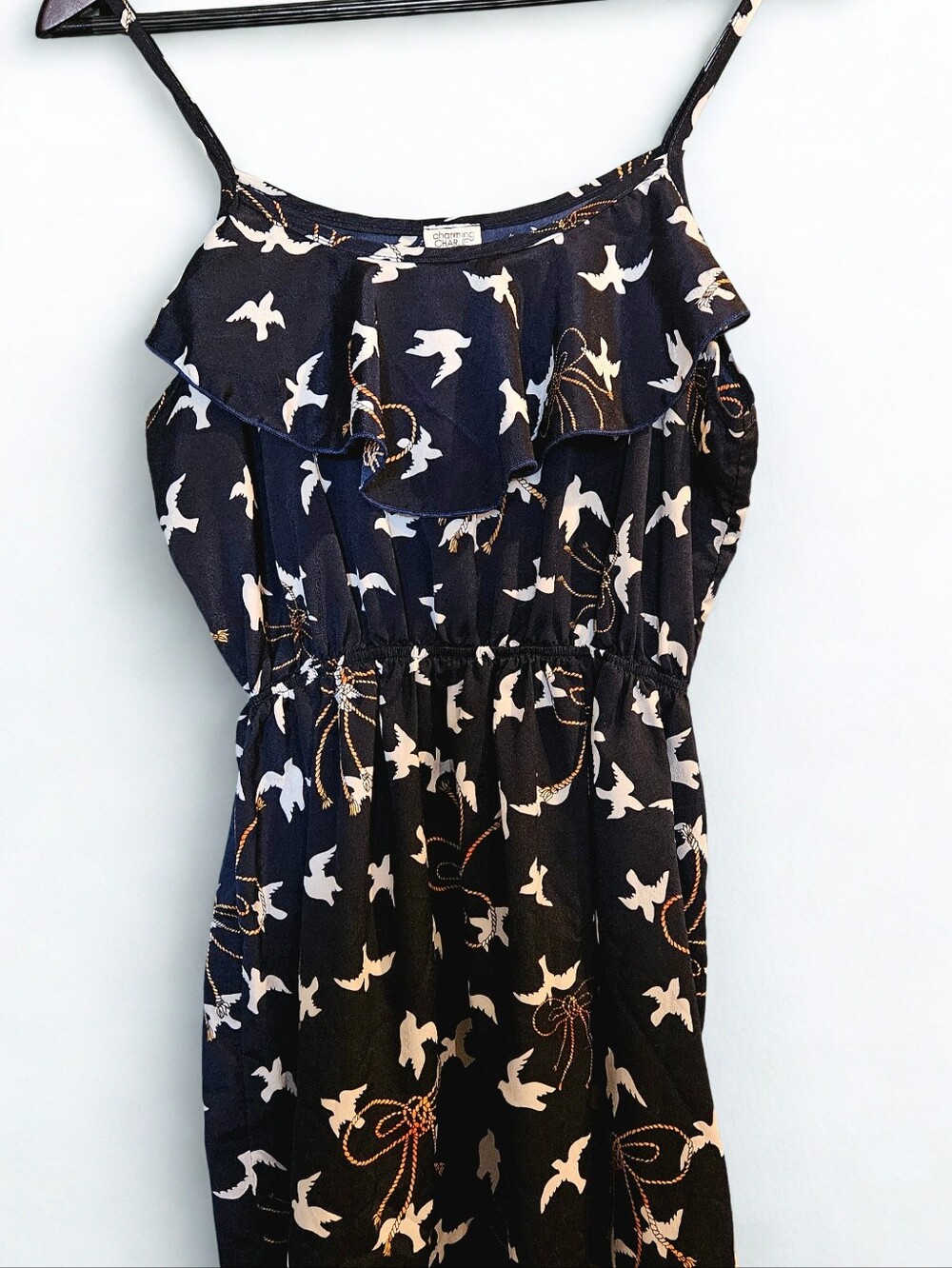 Navy Mini Dress with White Bird Print and Gold Bow Accents